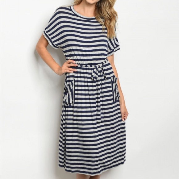 🆕Navy Gray Stripes Midi Dress - Picture 2 of 6